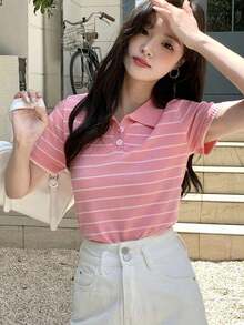 Blusa de punto de manga corta con contraste de rayas, casual de negocios - Rosa Pálido - Ver 5