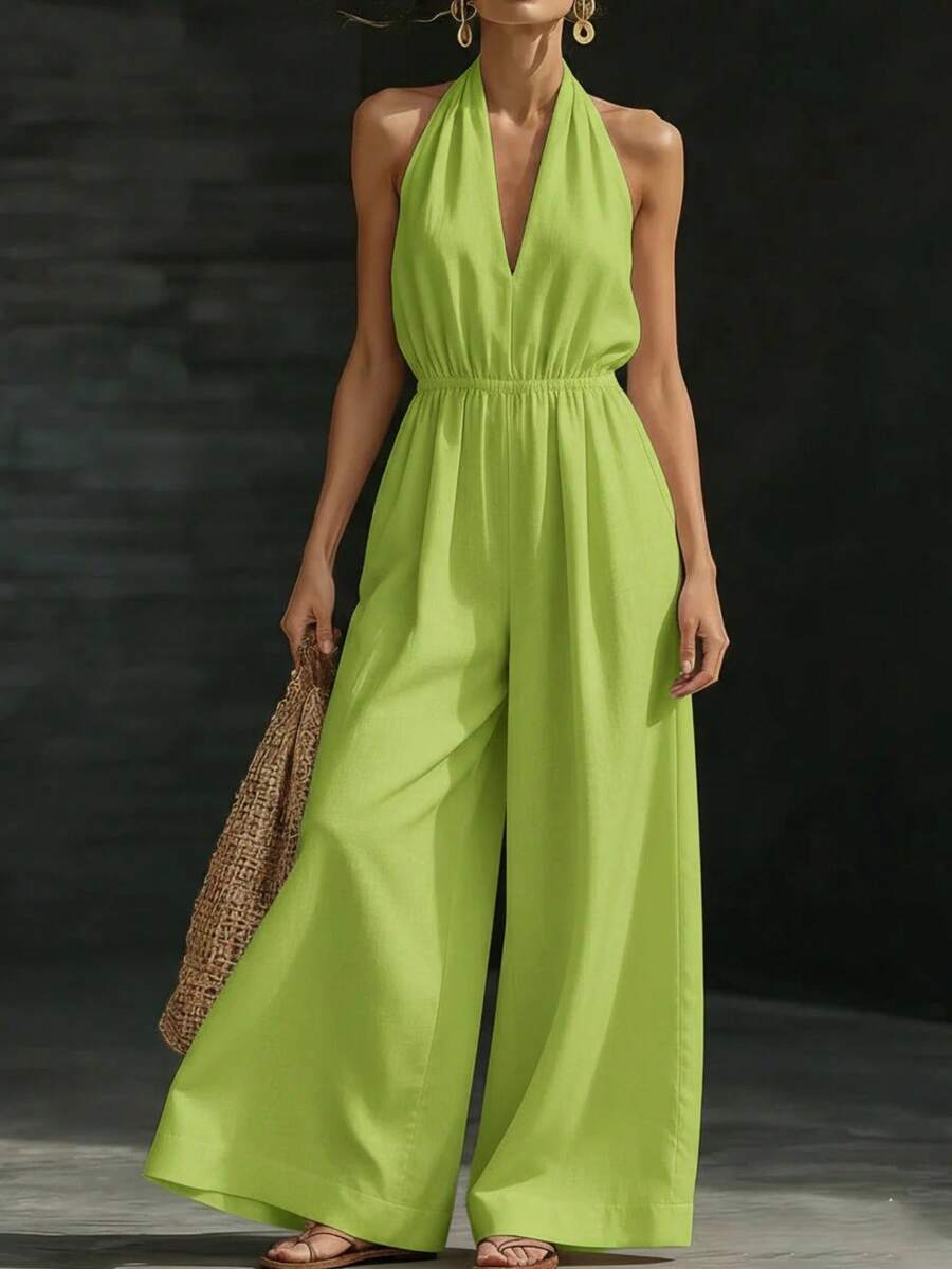 Mono nuevo de verano para mujer, de diseño, elegante, estilo francés, top halter de cuello V, perfecto para oficina, looks de día y ocasiones informales, favorecedor - verde fluorescente - Ver 1