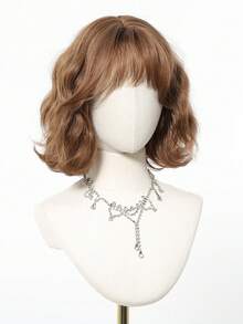 10 Inch Light Brown Wavy Bob Wig With Bangs, Natural Silky Texture Heat Resistant Synthetic Hair, Anti-Tangle Anti-Shedding Breathable Cap, Realistic Look Trending Viral Hairstyle For Daily Wear, Party, And Photoshoot Popular Women Hair Accessory - màu nâu - Xem 3
