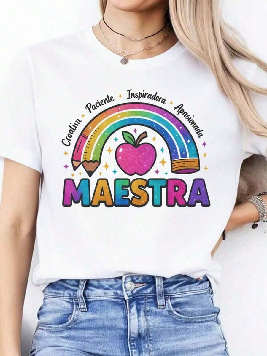 Camiseta Casual para Mujer con Diseño Gráfico de Maestra, Colorida con Diseño de Manzana Arcoíris, Manga Corta, Cuello Redondo, Suave, Perfecta para Primavera y Verano - Blanco - Ver 1