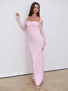 Vestido negro ajustado hasta el suelo con cuello corsé ahuecado y mangas largas con encaje en forma de S sexy para mujer para fiestas, citas y banquetes de otoño/invierno nuevo - Rosa Pálido - Ver 4