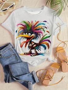 Camiseta manga corta cuello redondo 100% algodón, estampado trendy, tejido ligero y ventilado, estilo moda casual, apta para vida diaria, salidas informales y citas en primavera, verano y otoño - Blanco - Ver 2