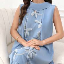 Al Najma Women's Floral Embroidered Mandarin Collar Sleeveless Elegant Arabic Dress, Summer - Azul - Ver 7