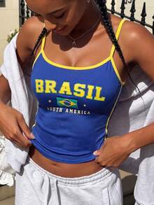 Y2K Round Neck Spaghetti Strap Camisole – Lettering Color Block Waist-Cinching | Sexy Hot Girl For Daily, Party, Festival & World Cup - Navy Blue - View 7