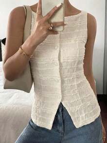 Camisa ajustada sin mangas de mujer con estampado de lunares - Albaricoque - Ver 7