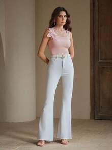 Camiseta de punto de costilla con bordado, de ajuste ceñido, de moda - Rosa - Ver 6