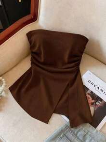 Nueva Moda Primavera/Verano Sexy Blusa Bandeau con Abertura, Cintura Suave Fruncida y Estampado de Lunares Blancos - Marrón - Ver 4
