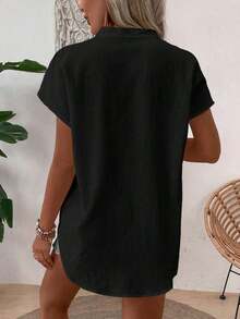 Blusa de mujer de unicolor con textura y cuello en V de manga corta versátil - Negro - Ver 2