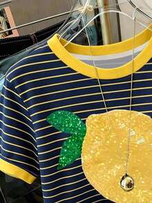 Camiseta casual de mujer de manga corta con cuello redondo y rayas - Multicolor 3 - Ver 3