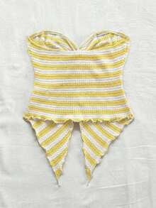 Nuevo top tubo para mujer con diseño de estampado a rayas, diseño de giro y dobladillo asimétrico antideslizante - Amarillo claro - Ver 2