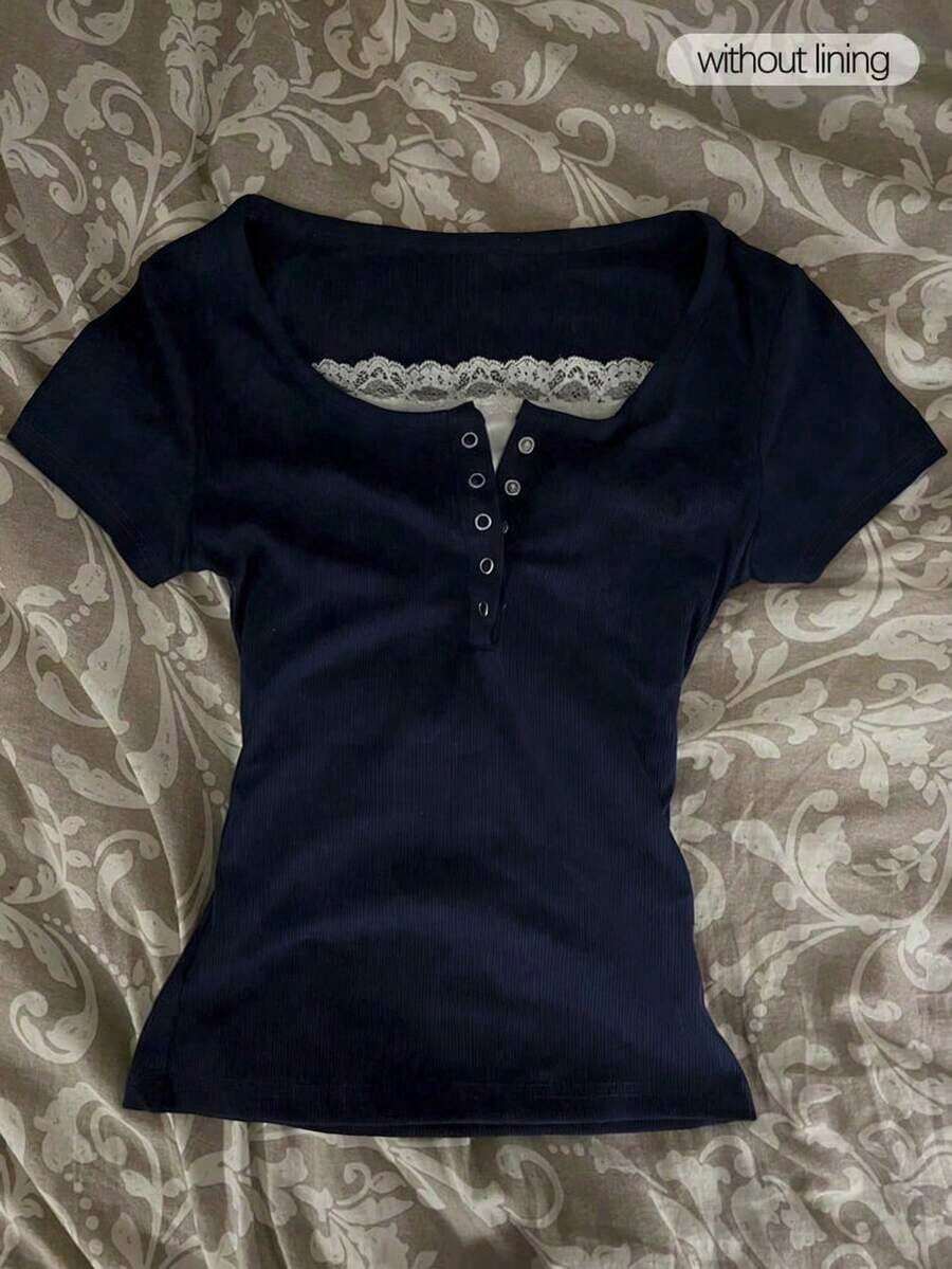 Camiseta de manga corta con cremallera frontal de 2 vías y adorno de encaje para mujer - Multicolor 10 - Ver 1