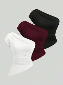 Sweetro Conjunto de top asimétrico con hombro fruncido elegante para mujer - Multicolor 5 - Ver 1