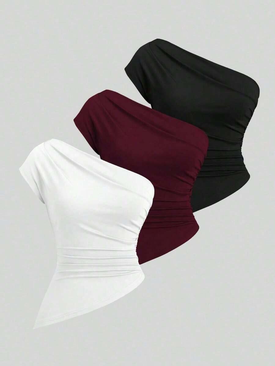 Sweetro Conjunto de top asimétrico con hombro fruncido elegante para mujer - Multicolor 5 - Ver 1