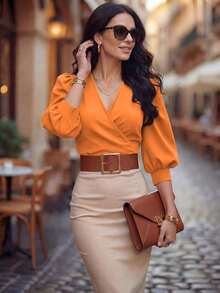 Blusa corta de mujer con cuello en V, manga de pétalo con lunares, cintura ceñida, nueva para primavera/verano - Naranja - Ver 4