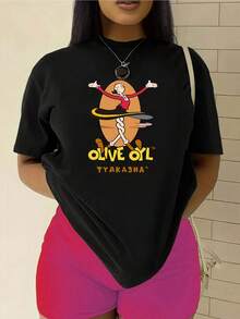 Women's Fashionable T-Shirt, Featuring The "Mighty Man From And " Pattern Print, Made Of 100% Pure Cotton With A Round Neck And Short Sleeves. It Is Comfortable And Breathable, Casual And Elegant, A Must-Have For Summer. - 黑色 - 查看 1