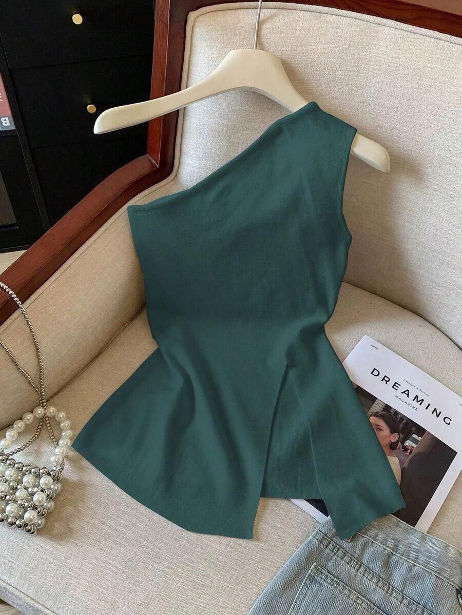 Top de tirantes con abertura en el hombro de unicolor casual, verano - Verde - Ver 1