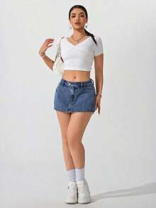 Minifalda de jean de moda con decoración de botón en la cintura para mujer - Azul lavado medio - Ver 8