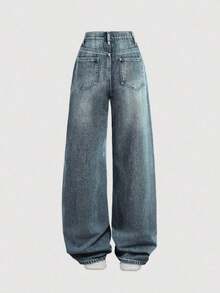 Jeans sencillos de uso diario con estampado de bigotes de gato para niñas adolescentes - Azul lavado medio 2 - Ver 2