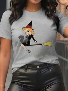 Y2K Women's Elegant Style T-Shirt With Witch Print, Short Sleeve, Round Neck, Casual Top For All Seasons | Fashionable Casual Wear |  Letter Print - 黑色 - 查看 9