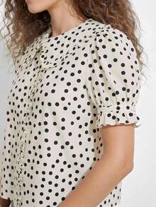 Camisa casual con cuello de volantes, mangas cortas abultadas y abotonadura, top lindo de otoño, ropa bohemia, atuendo de regreso a la escuela, para otoño, invierno, vestimenta occidental para mujer - Albaricoque - Ver 5