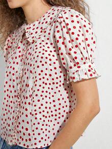 Camisa casual con cuello de volantes, mangas cortas abultadas y abotonadura, top lindo de otoño, ropa bohemia, atuendo de regreso a la escuela, para otoño, invierno, vestimenta occidental para mujer - Rojo y blanco - Ver 5