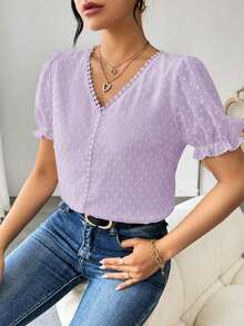 Blusa de gasa con estampado de lunares francés de moda para mujer, diseño elegante y elegante de manga corta con volantes para el verano - Púrpura malva - Ver 5
