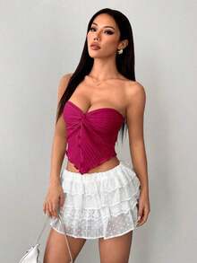 Top tubo de punto de textura amarillo ganso para mujer con abertura anudada en el medio delantero y borde ondulado, ajuste ceñido, para uso en fiestas, vacaciones y otoño/invierno - Rosa Fucsia - Ver 5