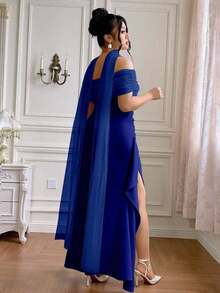 Vestido largo de fiesta elegante y ajustado con hombros descubiertos y abertura para mujer de talla grande, ideal para fiestas navideñas y ocasiones formales.Disponible en azul marino. - Azul - Ver 2