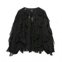 Blusa elegante de mujer con cuello en V, abotonada, de manga larga, con decoración laminada, color liso, Primavera 2025 - Negro - Ver 10