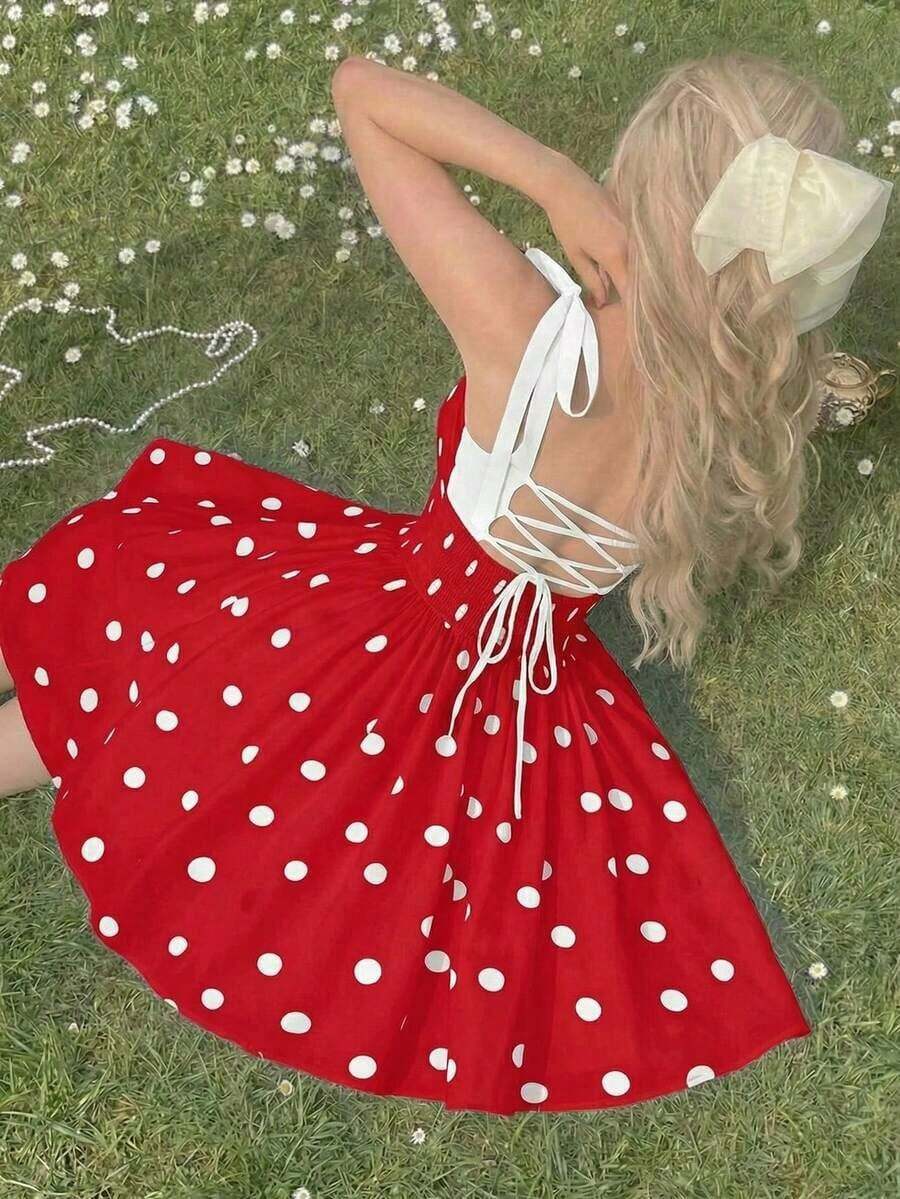 Vestido rosa romántico con espalda descubierta y lazo, adecuado para citas, fiestas, vacaciones, meriendas de té y ocasiones de cumpleaños - Rojo - Ver 1