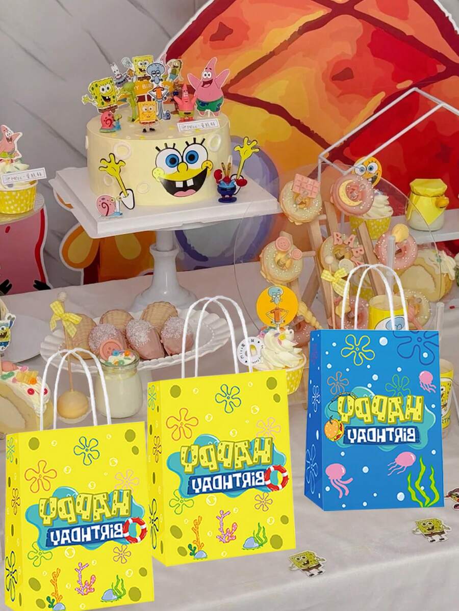SpongeBob SquarePants SquarePants 生日禮物袋 16入 紙製手提派對伴手禮袋 2款設計(黃色與藍色)水下主題零食袋 印有「Happy Birthday」兒童禮物袋,適合主題派對、糖果袋與派對用品 - Gift bag - 查看 1