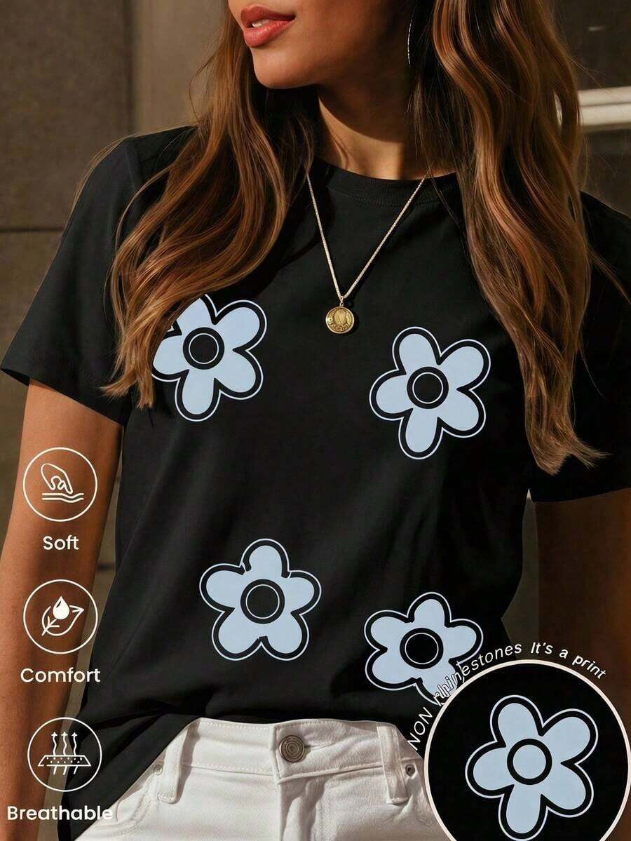 New Women's Short-Sleeved Crew Neck T-Shirt, Summer Design, With A Simple And Modern Letter Print, Breathable And Sweat-Wicking. Express Shipping From Local Warehouse, Couple's Style, Couple's Clothing - 黑色 - 查看 1