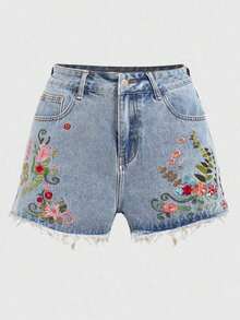 Fairycore Shorts vaqueros de mujer con bordado floral y bajo deshilachado, para la escuela - Celeste - Ver 4