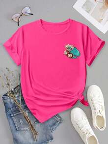 Women's Casual Summer Vacation Short Sleeve T-Shirt, Fashionable Western Retro Style With Letter Print, Hearts, Sheep Head And Cherries, Round Neck. Loose, Casual And Versatile T-Shirt, Y2k Style. - 白色 - 查看 3