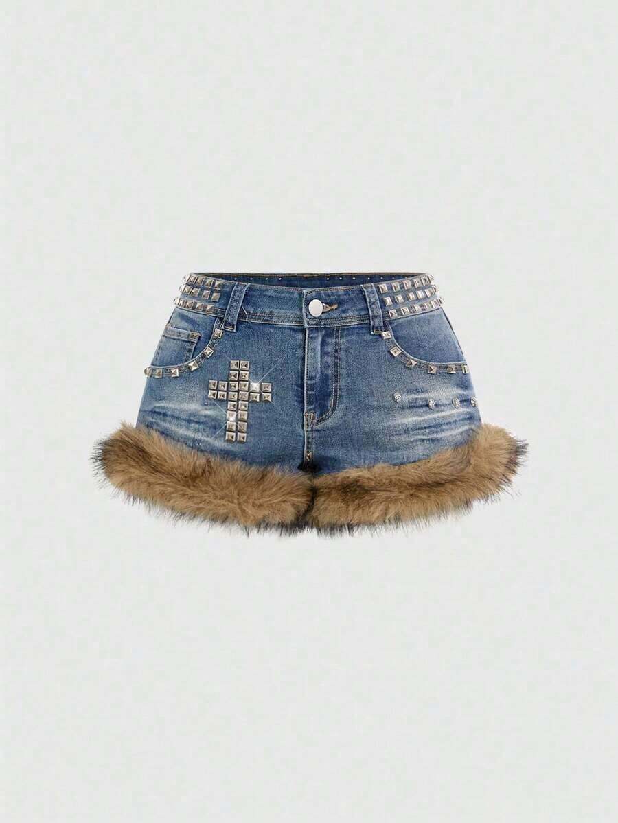 Grunge Punk Shorts vaqueros mini de cintura súper baja con decoración de cruz con tachuelas, estilo vintage desgastado Y2K, para mujer, estilo - Azul 2 - Ver 1