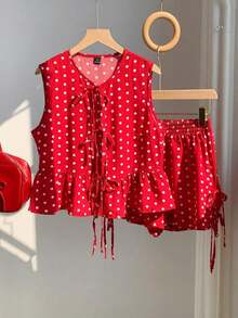 Set de 2 piezas de ropa de mujer con top tipo camiseta con cordones y shorts a cuadros, ideal para el Día de San Valentín - Rojo 2 - Ver 4