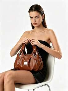 1pc Solid Color Versatile PU Leather Tote Shoulder Bag, Suitable For Daily Life And Work - Brown - View 3