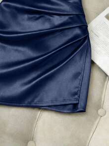 Vestido ajustado con cuello en V sin mangas, cintura fruncida e irregular, vestido de satén para mujer, vestido de primavera/verano para mujer, vestido elegante de fiesta para mujer, atuendo de vacaciones para mujer, atuendo del Día de San - Azul marino - Ver 4
