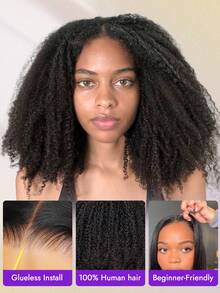 OQ Peluca de encaje frontal de cabello humano rizado asiático de 18-30 pulgadas con densidad del 200%, línea del cabello previamente recortada, color negro natural, fácil de usar para principiantes, sin necesidad de pegamento, liviana y cómoda para uso diario - S1 - Ver 5