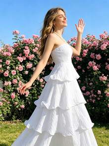 Vestido midi elegante para fiesta, sin tirantes, volantes, falda pastel, perfecto para verano y vacaciones - Blanco - Ver 3