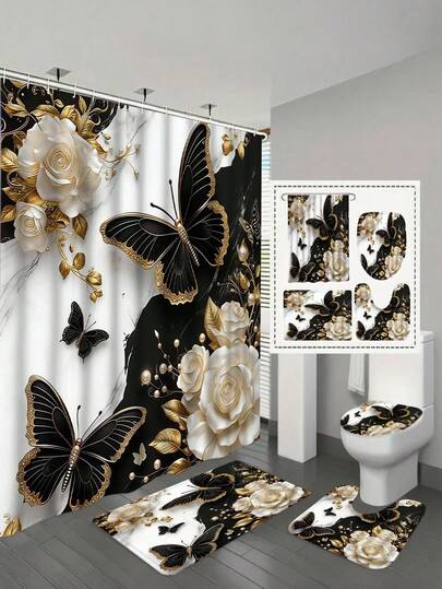 1/4pcs Fashionable Marble Effect Butterfly Shower Curtain Set, Bathroom Curtains, Bathroom Decor & Accessories, Anti-Slip Bathroom Mat, U-Shaped Rug, Toilet Seat Cover, Shower Curtain With 12 Durable Hooks, Exquisite Holiday Gift