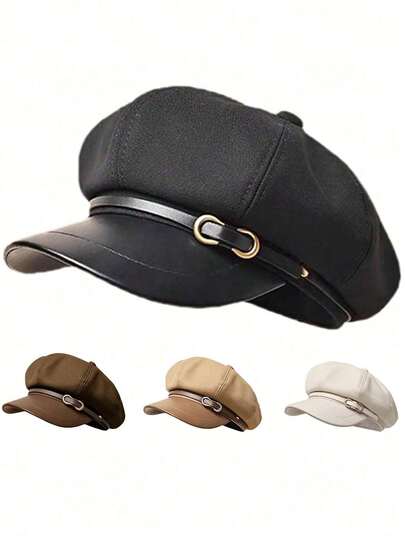 1pc Women's Octagonal Beret Hat, Fashionable & Cute Coral Color Solid PU Leather, Autumn