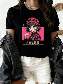 Under The RadarCamiseta gráfica de anime para mujer, ideal para oto?o. Confeccionada en tela premium, corte holgado, transpirable y con un estampado artístico.-Vintage Street Style Unisex Loose Cotton Short Sleeve Crew Neck T-Shirt - Negro - Ver 1