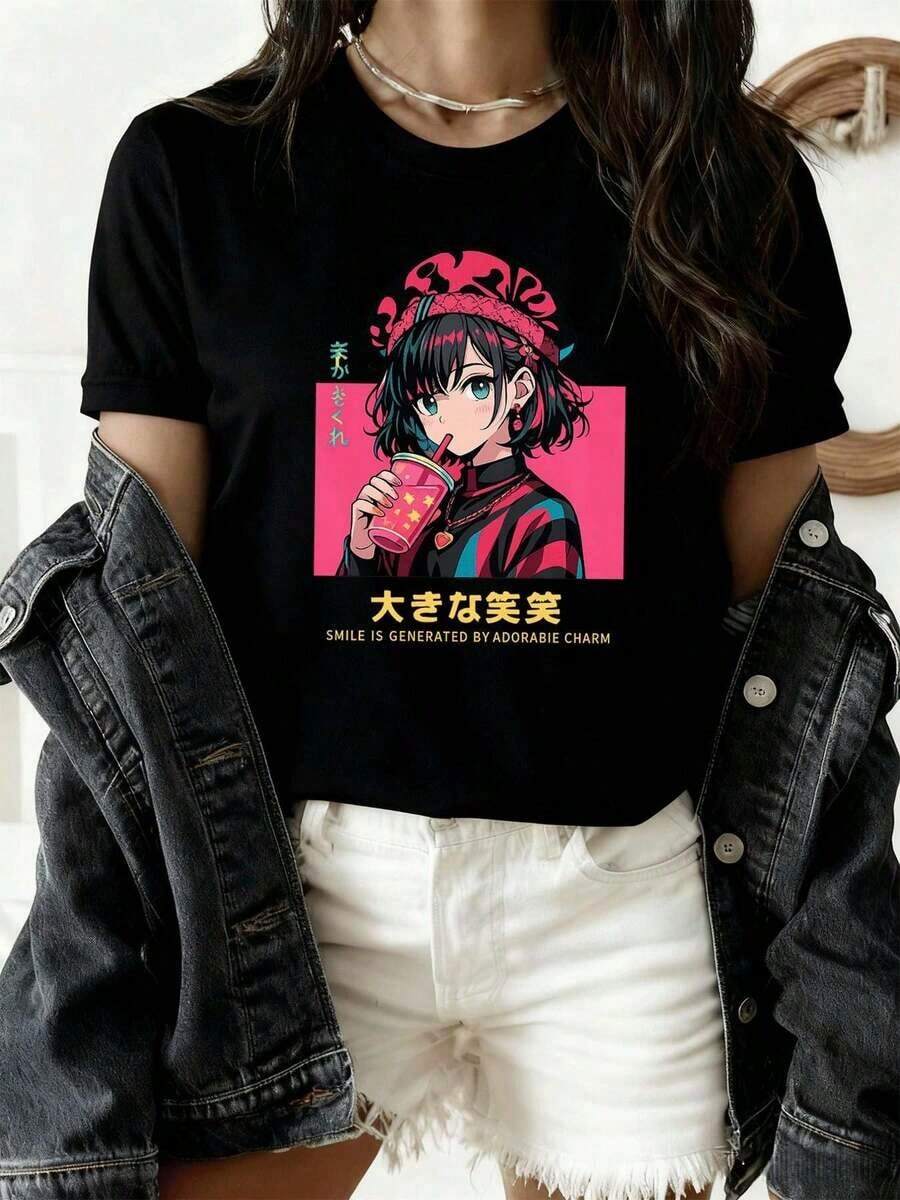 Under The RadarCamiseta gráfica de anime para mujer, ideal para oto?o. Confeccionada en tela premium, corte holgado, transpirable y con un estampado artístico.-Vintage Street Style Unisex Loose Cotton Short Sleeve Crew Neck T-Shirt - Negro - Ver 1