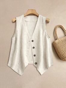Plus Size Women's Spring/Summer Casual Linen Blazer Vest White - White - View 3