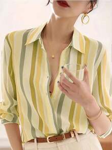 New Loose-Fitting Long-Sleeved Blouse For Women, Plain Color Button-Down Shirt For Spring - 黃色 - 查看 7
