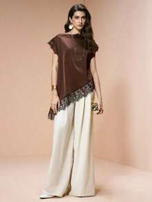 Camisa de mujer  en color caqui, de tela popelín, con parche de encaje de unicolor elegante y bajo asimétrico, elegante para citas, atuendos de verano para mujeres, blusas de verano - Marrón - Ver 4