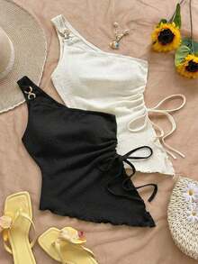 Blusa sin mangas de unicolor con bajo asimétrico, para verano - Blanco y Negro - Ver 4