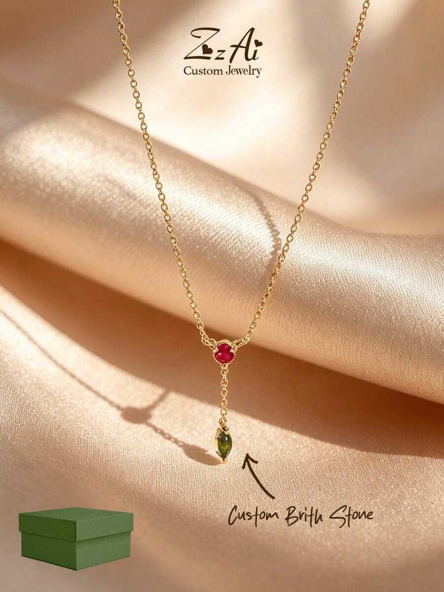 Dây chuyền đá quý theo tháng sinh cá nhân hóa, Dây chuyền kim cương 14K, Dây chuyền 2 đá quý theo tháng sinh, Dây chuyền cưới, Quà tặng cho bà, Quà tặng Ngày của Mẹ cho người phụ nữ - Kiểu 3 - Xem 1