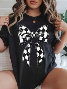 Women's Vintage Style Short Sleeve Casual T-Shirt - Summer Blouse With Round Neck And Black And White Check Pattern, Machine Washable, Ladies' T-Shirts, Casual Wear, Modern Style, Comfortable Fit

BlackFashion - 黑色 - 查看 1